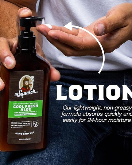 Dr. Squatch Natural Hand and Body Lotion for Men - Made with Shea Butter, Coconut Oil, Vitamin E for 24-Hr Moisturization - Cool Fresh Aloe & Fresh Falls (10 fl oz, 2-Pack)