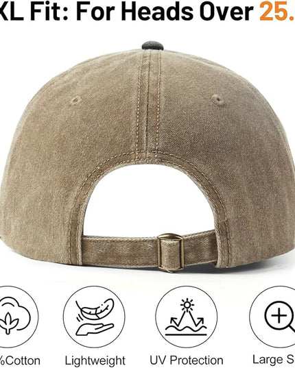 XXL Oversize Washed Denim Baseball Cap,Low Profile Jean Sports Cap for Big Heads 23.5"-25.5",Large Pigment Dyed Dad Hat