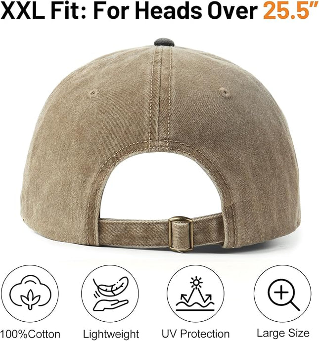 XXL Oversize Washed Denim Baseball Cap,Low Profile Jean Sports Cap for Big Heads 23.5"-25.5",Large Pigment Dyed Dad Hat