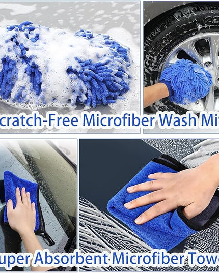 Wontolf 62'' Car Wash Brush with Long Handle, Scratch-Free Soft Bristles Sturdy Car Wash Mop Kit, Complete Car Cleaning Brush Kit Wash Mitt Towel Windshield Squeegee Wheel Tire Brush for Car Truck RV