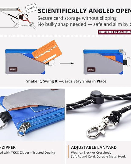 RFID Travel Wallet with Adjustable Lanyard-Zipper Small Wallet with ID Card Holder, Keychain for women&men-Minimalist Slim Waterproof Nylon case for ID, Cash, Key (Grey+Blue)
