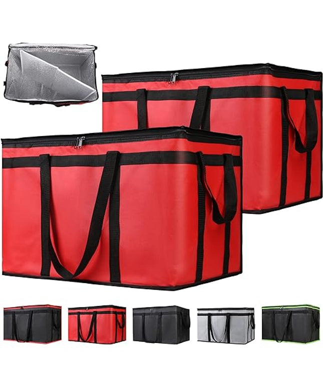 CIVJET 2-Pack Insulated Food Delivery Bag with Hard Bottom, XXX-Large Commercial Food Warmer, Insulated Reusable Grocery Cooler/Hot Bags, Tote Bag for Shopping/Travel, Red
