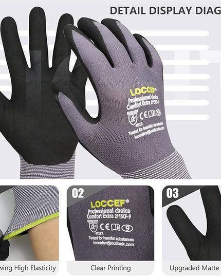 LOCCEF Work Gloves MicroFoam Nitrile Coated-6 Pairs,Seamless Knit Nylon Gloves,Gray Work gloves