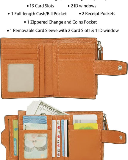 AINIMOER Women's RFID Blocking Leather Small Compact Bi-fold Zipper Pocket Wallet Card Case Purse with id Window