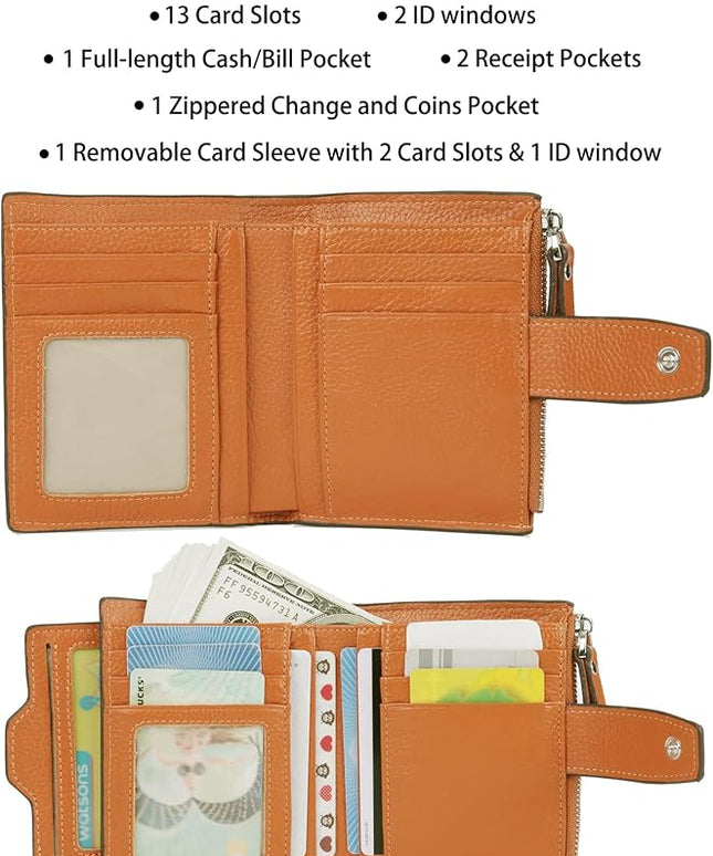 AINIMOER Women's RFID Blocking Leather Small Compact Bi-fold Zipper Pocket Wallet Card Case Purse with id Window