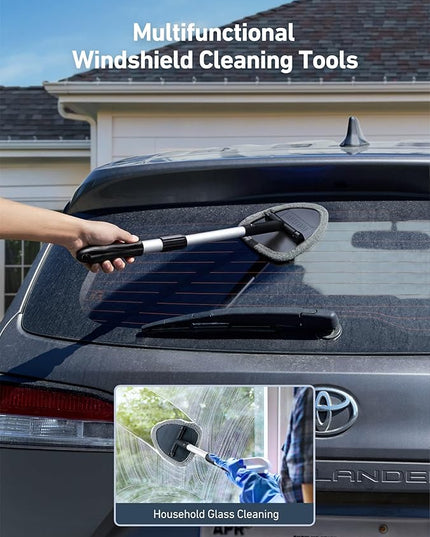 AstroAI Windshield Cleaning Tool, Car Window Cleaner Windshield Cleaner with 8 Reusable and Washable Microfiber Pads and Extendable Handle Auto Inside Glass Wiper Kit, Gray, 2 Pack