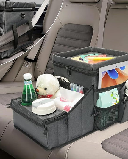 Car Seat Organizer, Backseat Car Organizer with Cup Holder Tray and Storages for Kids and Adults, Portable Travel Cooler for Car for Front or Back Seat Passenger Organizer Ccompartment (Grey)