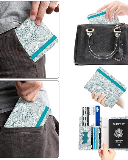 WALNEW Passport Holder for Travel, RFID Passport Cover Wallet for Women Men, PU Leather Passport Book Card Holder Case with Pen (Elastic Band Closure, D-Green Petals)