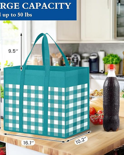 WISELIFE Reusable Grocery Shopping Bags 10 Pack Large Foldable Tote Bags Bulk, Eco Produce Bags with Long Handle for Shopping Groceries Clothes (Plaid B)