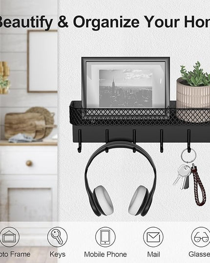 Lwenki Key Holder for Wall – Decorative Stainless Steel Key Hanger with 6 Hooks for Hats, Bags, Leashes – Mail Holder Key Rack with Mounting Hardware and Guide (9.65” x 2.8” x 2.2”) (Black)