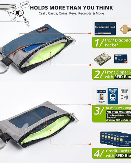 RFID Travel Wallet with Adjustable Lanyard-Zipper Small Wallet with ID Card Holder, Keychain for women&men-Minimalist Slim Waterproof Nylon case for ID, Cash, Key (SlateBlue+Grey)