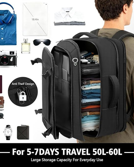 Carry On Backpack, Expandable Large Capacity Travel Backpack 50–60L with USB Cable Port, Fits 18.4 Inch Laptop,Anti Theft Water Resistant Travel Carry on Backpack for Men Women, Flight Travel, Black