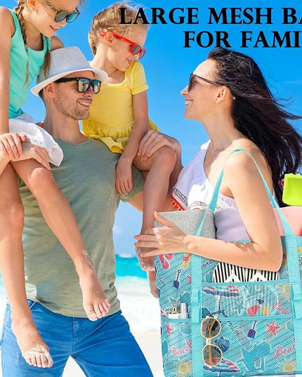Mesh Beach Bag, Large Beach Tote with Zipper Pocket, Toys Pool Bag for Family Travel Vacation Cruise Essentials