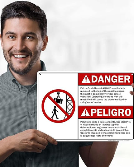 Danger Fall Or Crush Hazard Always Use The Level Mounted Bilingual Sign, 10x14 Inches, Rust Free .040 Aluminum, Fade Resistant, Made in USA by My Sign Center