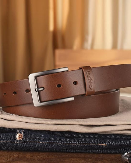 Buffway Men’s Full Grain Leather Belt – Solid One-Piece Leather, 1.5” Wide for Jeans & Business Casual, Gift Box Included
