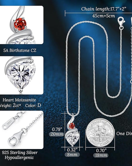 ANDSO Moissanite Heart Pendant Necklaces for Women, 925 Sterling Silver Necklace with Birthstone, Ideal Anniversary Present or Birthday Christmas Valentine Jewelry Gifts for Mom Wife Her Girlfriend
