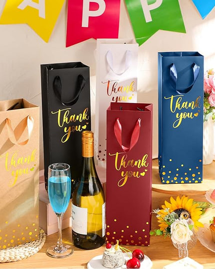 Ctosree 30 Pcs Wine Bottle Gift Bag with Handle 4.3x3.5x13.7 Liquor Paper Bag for Thank You Favor Gold Foil Kraft Whiskey Tote Carrier for Wedding Birthday Bridal Valentine's day Party(5 Colors)