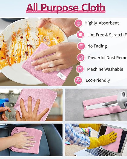 FIXSMITH Pink Microfiber Cleaning Cloth -Pack of 8, Highly Absorbent Cleaning Rags, 16"X12" All Purpose Cleaning Towels for Housekeeping, Kitchen, Car, Lint Free and Reusable Microfiber Towels