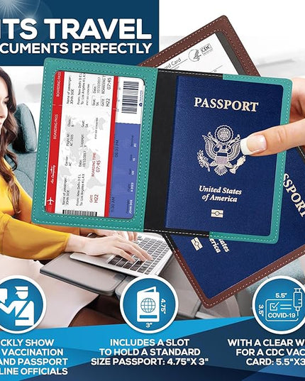 Ciana Passport Holder for Travel – PU Leather Passport Cover and Card Holder for Men & Women – Slim Passport Holder with Card Protector Slot, Travel Must Haves (Brown and Turquoise)