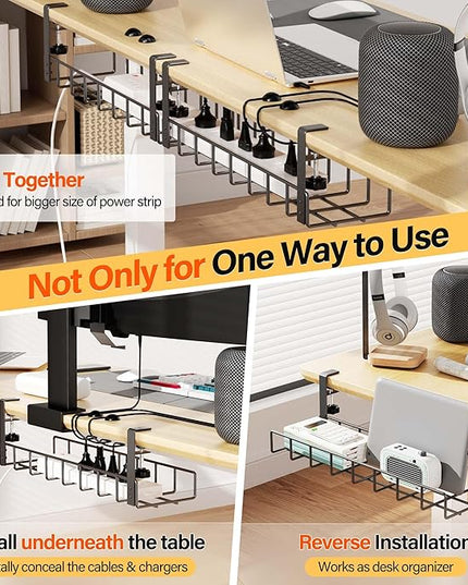 2 Pack Cable Management Under Desk Tray, 31.4" No Drill Under Desk Wire Management with Upgraded Clamp, Metal Cord Organizers for Desk with Cable Organizers, PC Cable Management Rack, Black