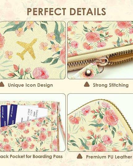 Passport Holder, Passport Holder For Travel, Passport Cover For Travel Essentials, Passport Wallet Cover RFID Blocking, Cute Passport Book for Women and Men, Pink Flowers