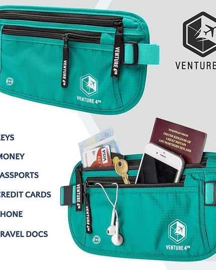VENTURE 4TH Money Belt for Travel – Hidden Under-Clothes RFID Blocking Passport Holder & Slim Travel Wallet Pouch for Men & Women to Protect Cash, Cards & Documents (Turquoise)