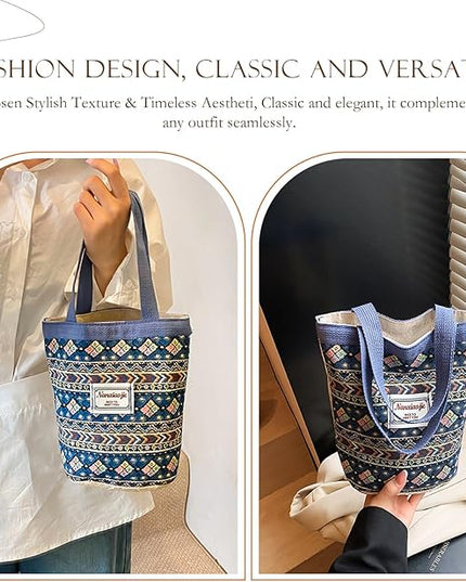 Women Tote Bag,Small Jute Casual Tote's Handbag Embroidered Personalized Bucket Bag,Reusable Grocery Shopping Bags