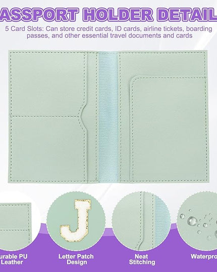 PATIKIL Passport Holder for Travel, Initial Passport Cover and Luggage Tag Set with Alphabet Chenille Letter Patch Travel Wallet Bag Suitcase Identifier for Women Family Travel Green J