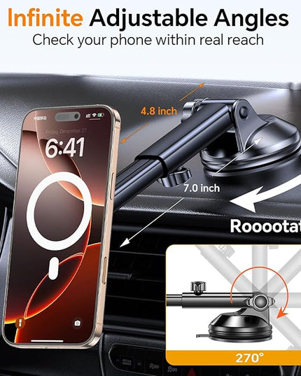 Coolpow for MagSafe Car Mount【Windshield+Vent+Dash】Magnetic Phone Holder for Car Phone Holder Mount Cell Phone Holders for Your Car Accessories Suction Phone Mount for Car Truck Stand for iPhone 17 16