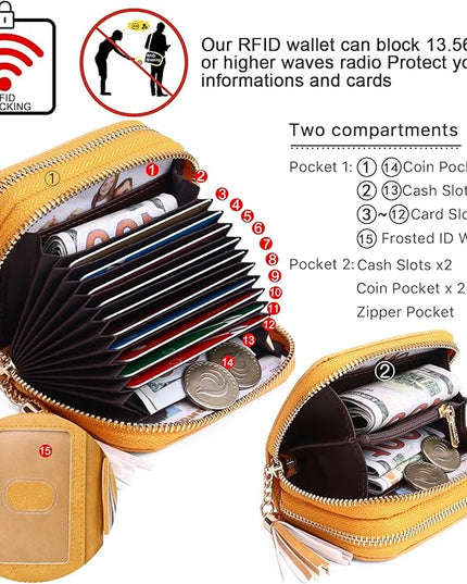 APHISON RFID Credit Card Holder Zipper Card Case Keychain Small Wallet for Women 1942-2 LIGHT-YELLOW