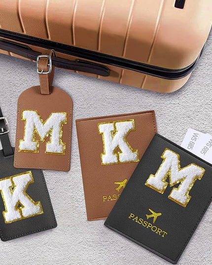 COSHAYSOO Black Passport Cover and Luggage Tag Set TSA Approved with Her Initial Chenille Letter Patch, Trendy Traveling Bag Backpack Suitcase Identifier Christmas Gifts for Women Girls (O)
