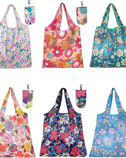 6 Pcs Reusable Shopping Bags Foldable, Machine Washable Shopping Grocery Bags in Pocket , Eco-Friendly Travel Recycle Shopping Bags, Waterproof Pouch Tote Bags for Daily Shopping Supplies load
