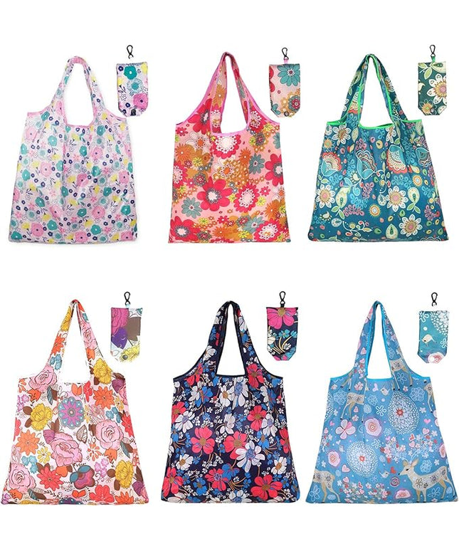 6 Pcs Reusable Shopping Bags Foldable, Machine Washable Shopping Grocery Bags in Pocket , Eco-Friendly Travel Recycle Shopping Bags, Waterproof Pouch Tote Bags for Daily Shopping Supplies load