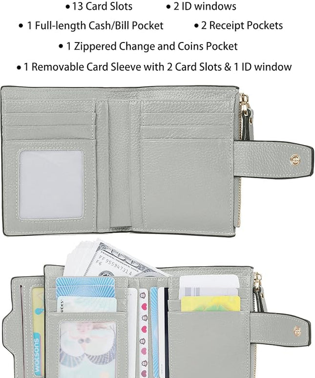 AINIMOER Women's RFID Blocking Leather Small Compact Bi-fold Zipper Pocket Wallet Card Case Purse with id Window