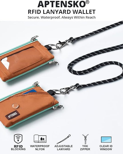 RFID Travel Wallet with Adjustable Lanyard-Zipper Small Wallet with ID Card Holder, Keychain for women&men-Minimalist Slim Waterproof Nylon case for ID, Cash, Key (Rust)