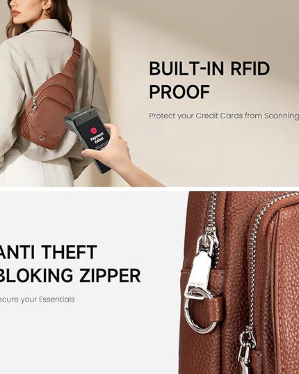 befen Anti Theft Genuine Leather Sling Bag for Women RFID Small Crossbody Bag Chest Bag Leather Fanny Packs for Travel