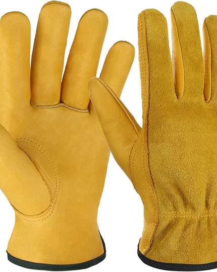 OZERO Leather Work Gloves Flex Grip Tough Cowhide Gardening Glove for Wood Cutting/Construction/Truck Driving/Garden/Yard Working for Men and Women 1 Pair (Gold,Small)