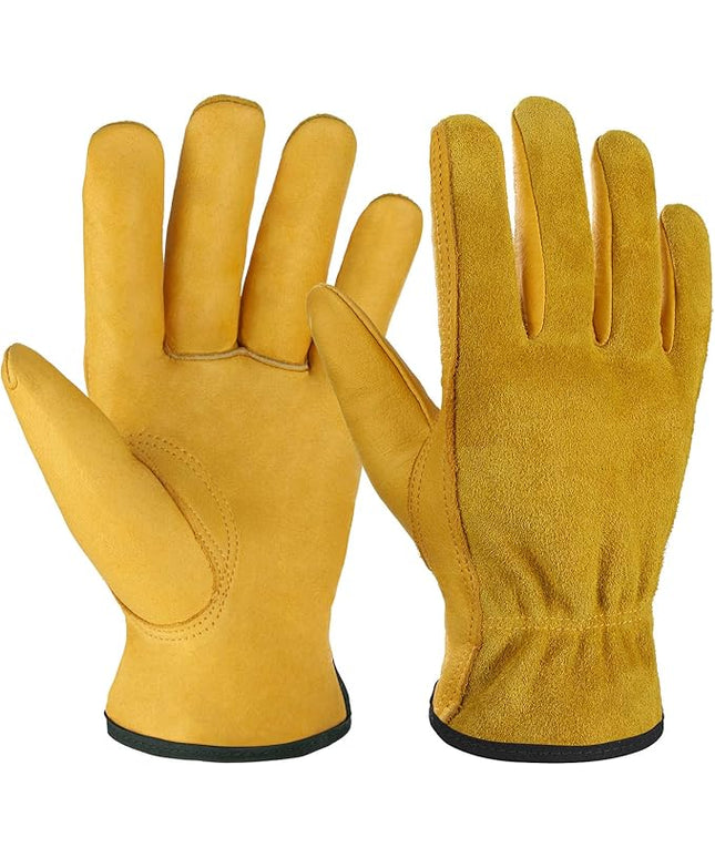OZERO Leather Work Gloves Flex Grip Tough Cowhide Gardening Glove for Wood Cutting/Construction/Truck Driving/Garden/Yard Working for Men and Women 1 Pair (Gold,Small)