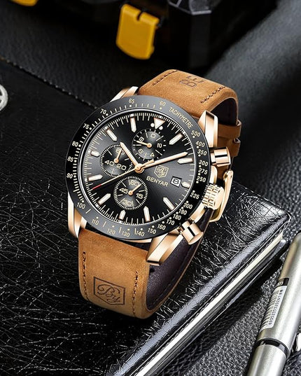 BY BENYAR Watch for Men Analog Quartz Chronograph Waterproof Luminous Designer Mens Wrist Watches Business Work Sport Casual Dress Watch with Silicone Strap Elegant Gifts for Men