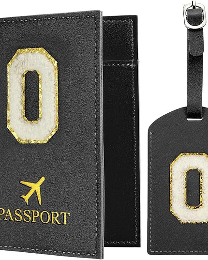 PATIKIL Passport Holder for Travel, Initial Passport Cover and Luggage Tag Set with Alphabet Chenille Letter Patch Travel Wallet Bag Suitcase Identifier for Women Family Travel Black O