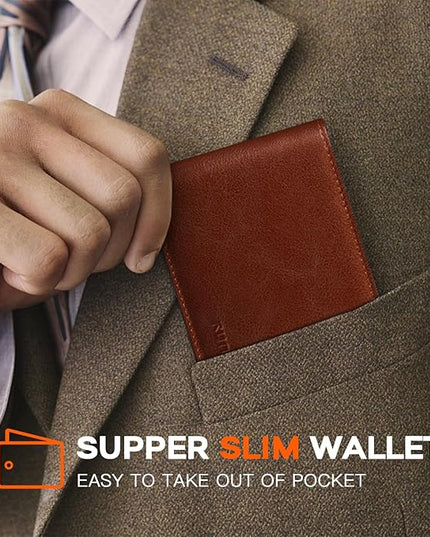 RUNBOX Wallet for Men Slim Leather Bifold RFID Blocking Minimalist Front Pocket Design with Gift Box