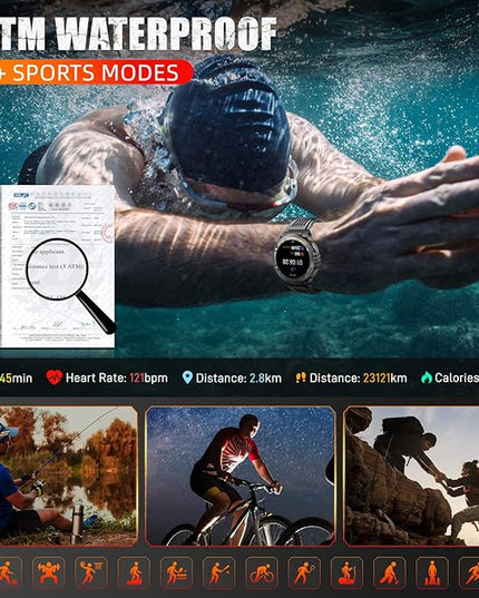 KE5 Military Smart Watch for Men with Flashlight SOS 3ATM Waterproof Watch 530mAh Big Battery 1.45" Rugged Tactical Smartwatch with Compass Elevation Barometer Fitness Watch for iPhone (Grey+2 Camo)