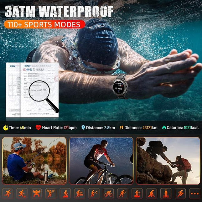 KE5 Military Smart Watch for Men with Flashlight SOS 3ATM Waterproof Watch 530mAh Big Battery 1.45" Rugged Tactical Smartwatch with Compass Elevation Barometer Fitness Watch for iPhone (Grey+2 Camo)