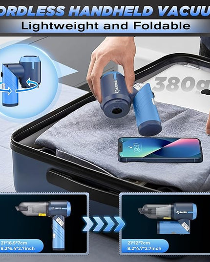 Saker Portable Car Vacuum Cleaner Cordless High Power 17000PA 3 in 1 Foldable Handheld Vacuum Cordless with Brushless Motor for Inflation,Dust Blowing,Home Car Cleaning HL132 Blue