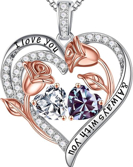 Iefil Christmas Gifts for Women Wife - 925 Sterling Silver Rose Heart Birthstone Necklace Birthday Anniversary Jewelry Gifts for Her Wife Mom Daughter