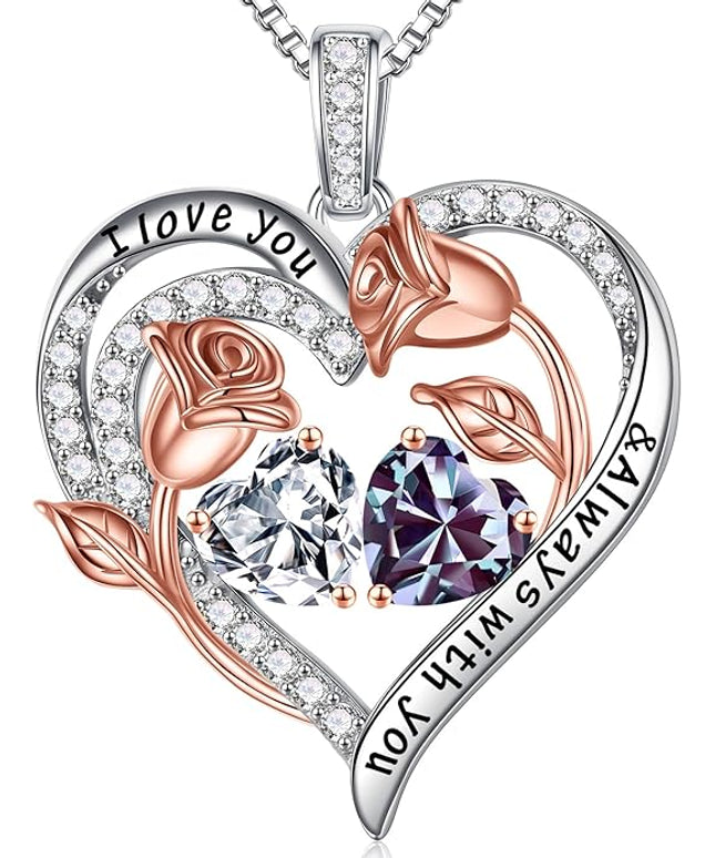 Iefil Christmas Gifts for Women Wife - 925 Sterling Silver Rose Heart Birthstone Necklace Birthday Anniversary Jewelry Gifts for Her Wife Mom Daughter