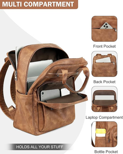 MASINTOR Leather Laptop Backpack for Women, Stylish Computer Backpack College Business Work Shoulder Bags Work and Travel Mocha Brown