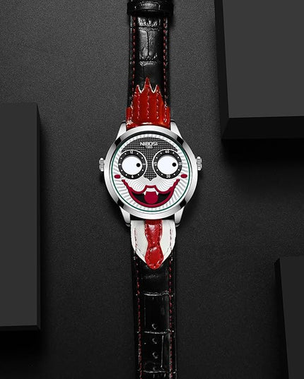 NIBOSI Watches for Men Analog Quartz Clown Dial Wrist Watches Unique Weird Fashion Cool Watch Waterproof Leather Strap Men's Watches
