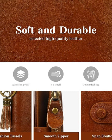 Blucoay Leather Wallet Women,RFID Blocking Small Wallets for Women Compact Bifold Wallet Card Holder With Zipper Coin Pocket Brown