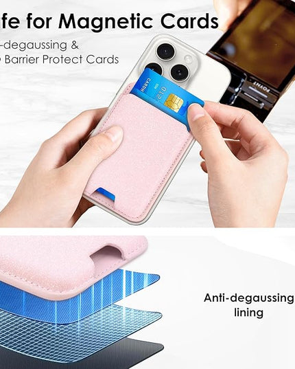 CreaDream Magnetic Wallet, Magnetic Card Wallet Holder with RFID for iPhones, Adjustable Stand with 5 Card Holder for iPhone 17/16/15/14/13/12 Series, Not for iPhone Mini, Sparkle Pink
